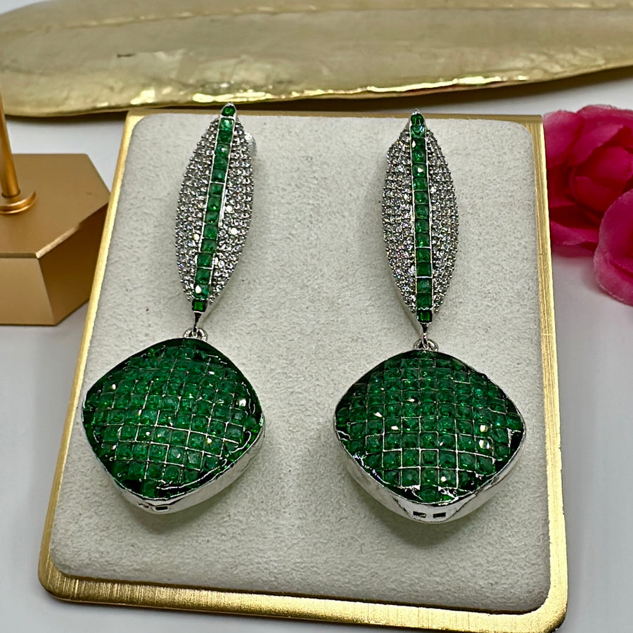 Green Invisible Setting American Diamonds Earrings