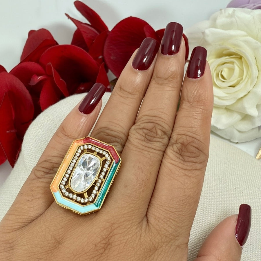 Multi Meenakari Moissanite Finger Ring