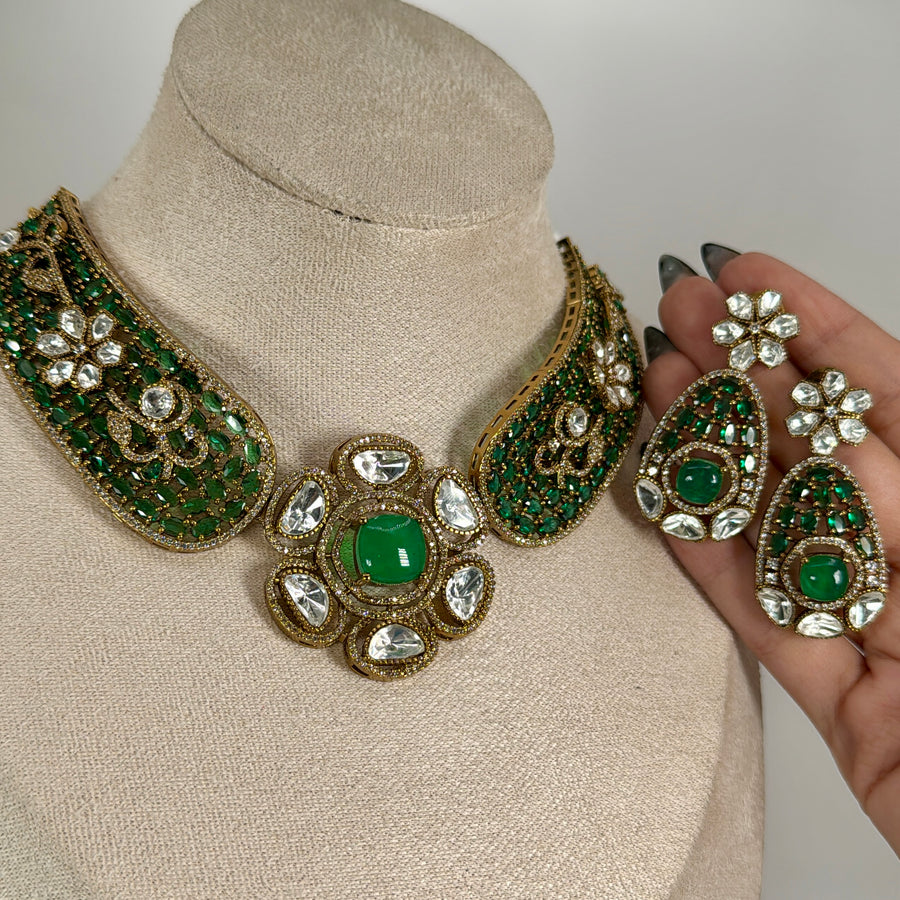 Green Doublet Moissanite Invisible Flower Necklace Set