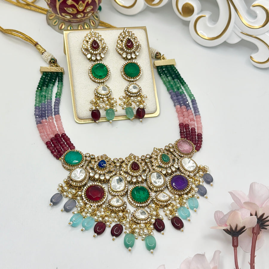 Multi Navratan Kundan Necklace Set