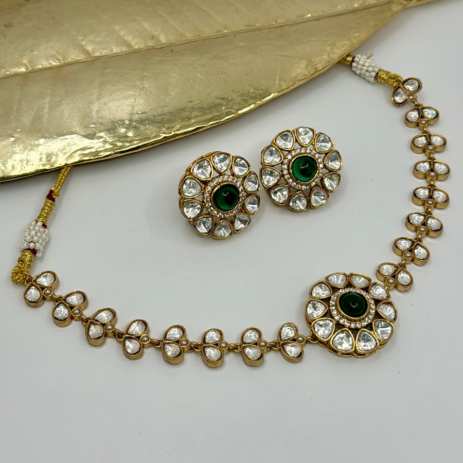 Green Moissanite Kundan Dainty Choker Necklace Set