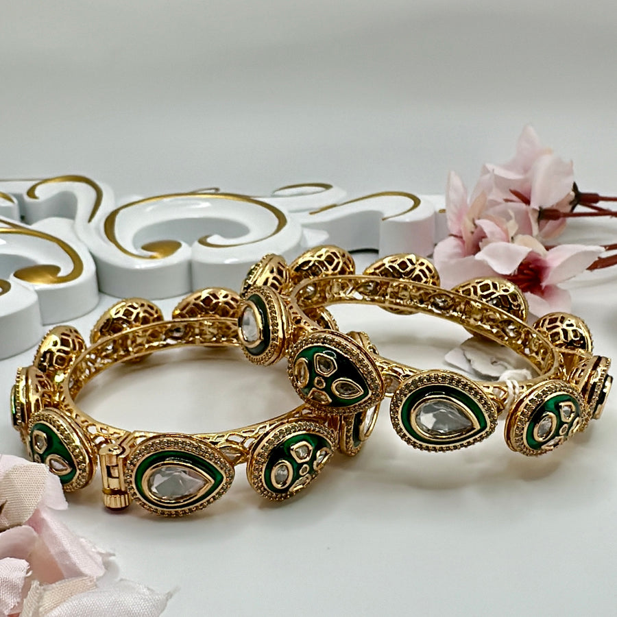 Green Meenakari & Premium Kundan Openable Bangle Pair( Size 2.2)