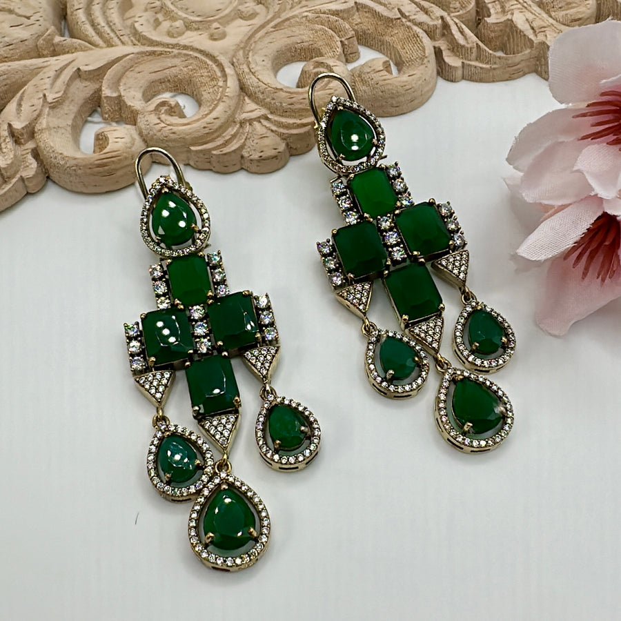 Green Doublet & American Diamonds Earrings