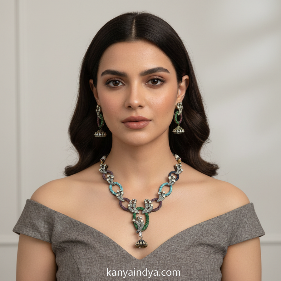 Turquoise Multi Nano Setting Cubic Zirconia Necklace Set