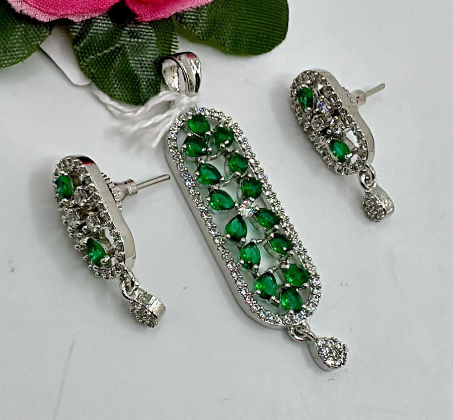 Green American Diamonds Pendant Set