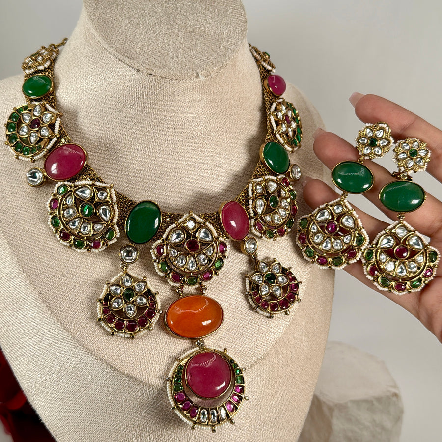 Multi Hot Pink Marble Stone Sabya Inspired Necklace Set