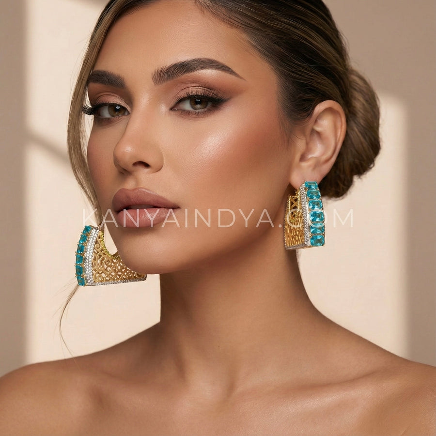 Turquoise American Diamonds Hoop Earrings