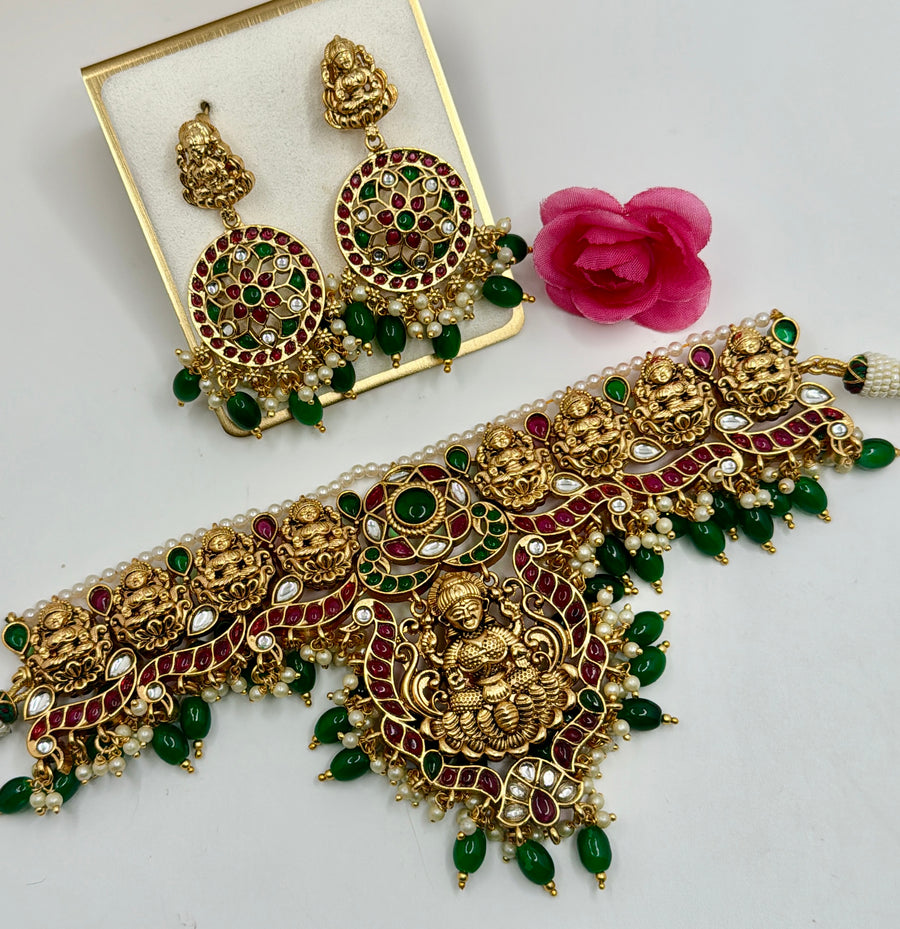 Green & Ruby Temple Inspired Laxami Choker Set