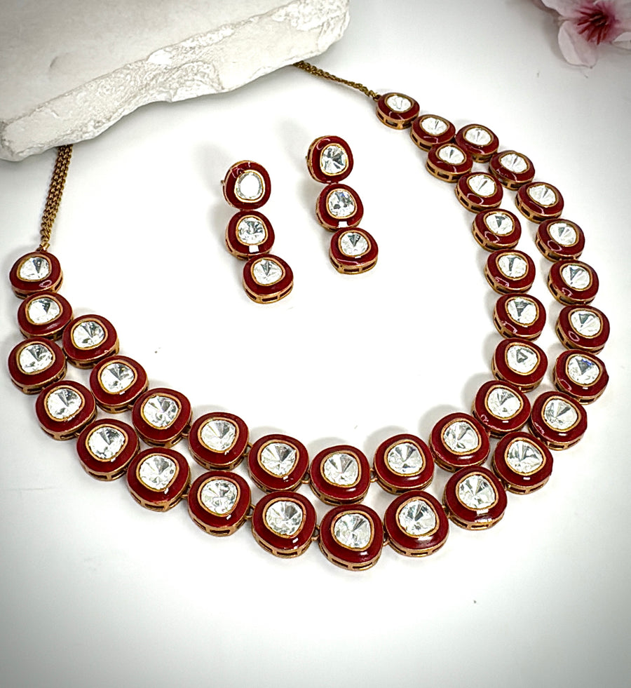 Red Enamel Meenakari Moissanite Two Layer Necklace Set