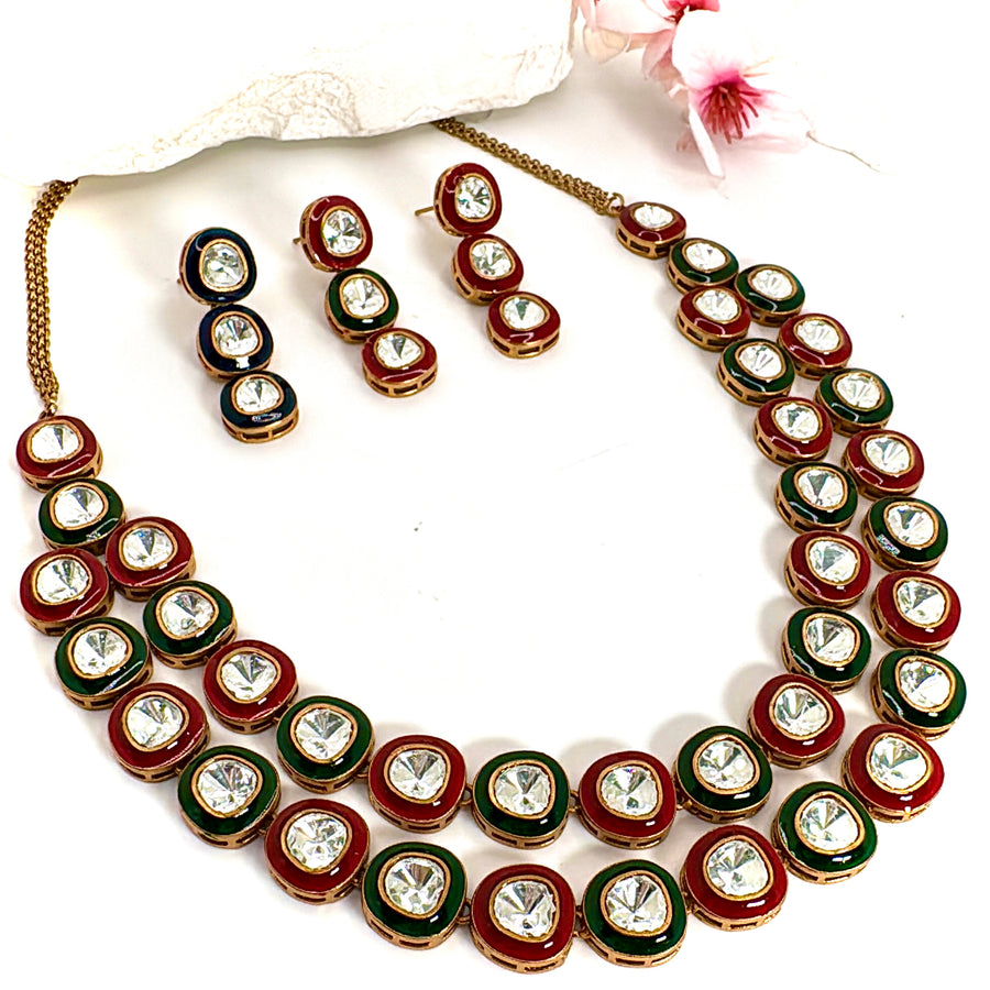 Multi Enamel Meenakari Moissanite Two Layer Necklace Set