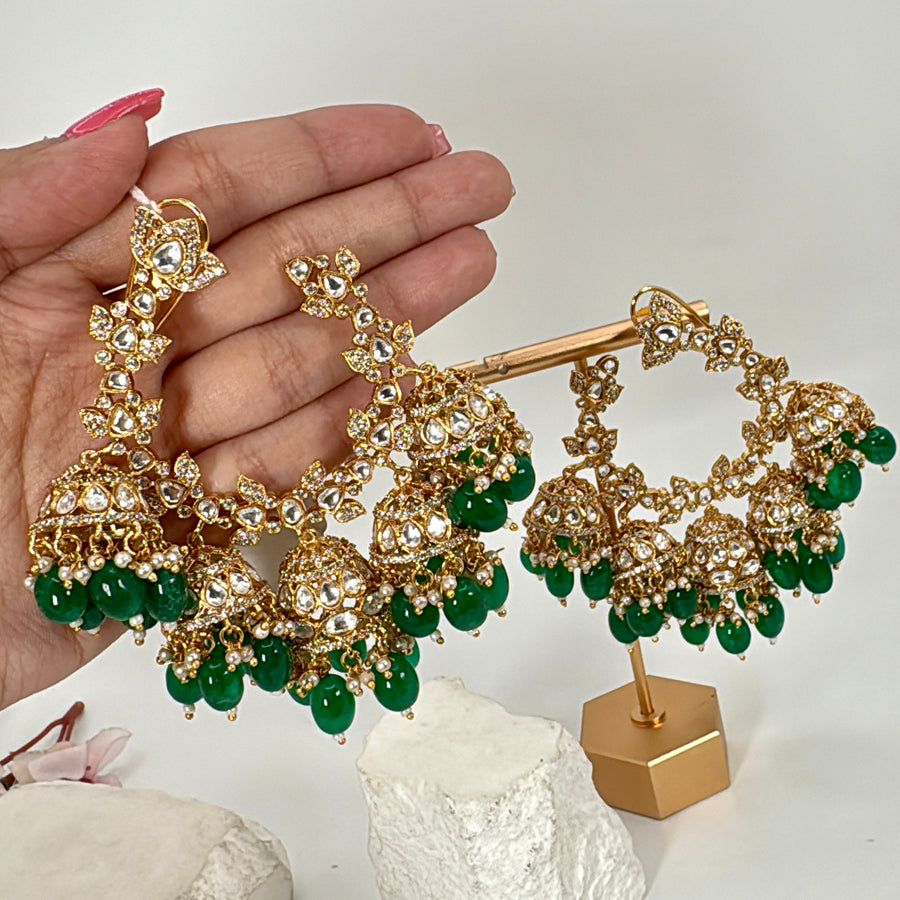 Green Kundan Statement Hoop Style Jhumka Chand Bali Earrings