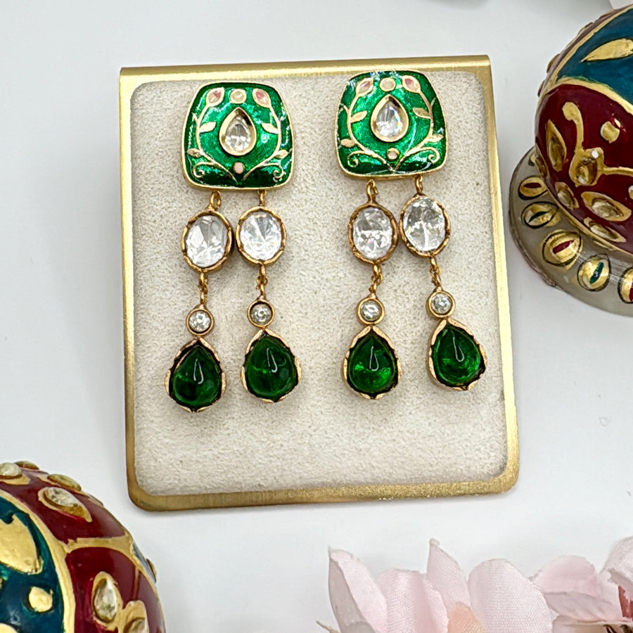 Green Meenakari Moissanite Kundan Earrings