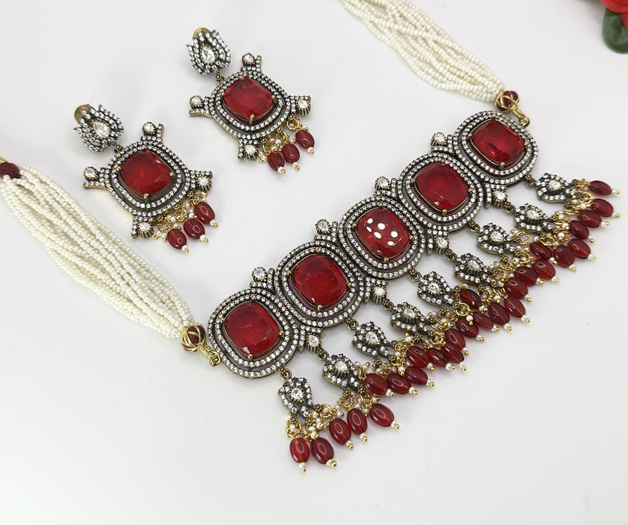 Red Doublet & Moissanite Kundan Choker Set