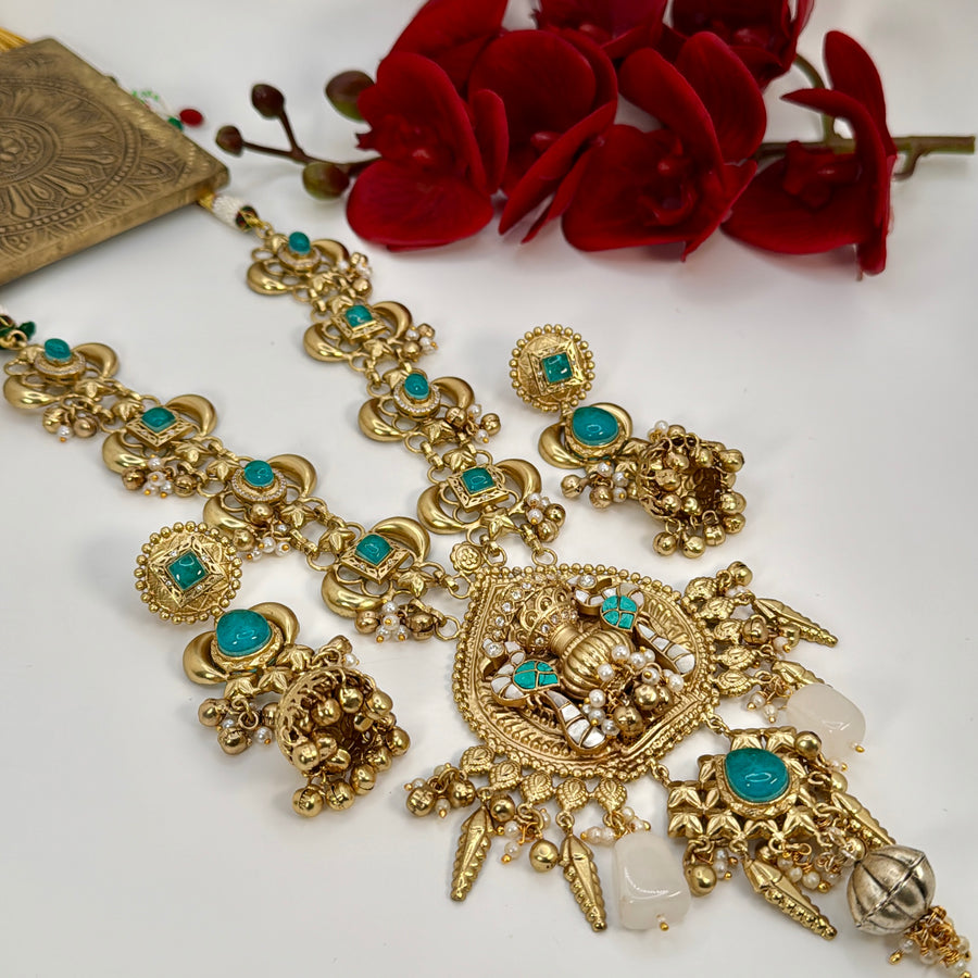 Turquoise Silver Lookalike Gold Long Necklace Set