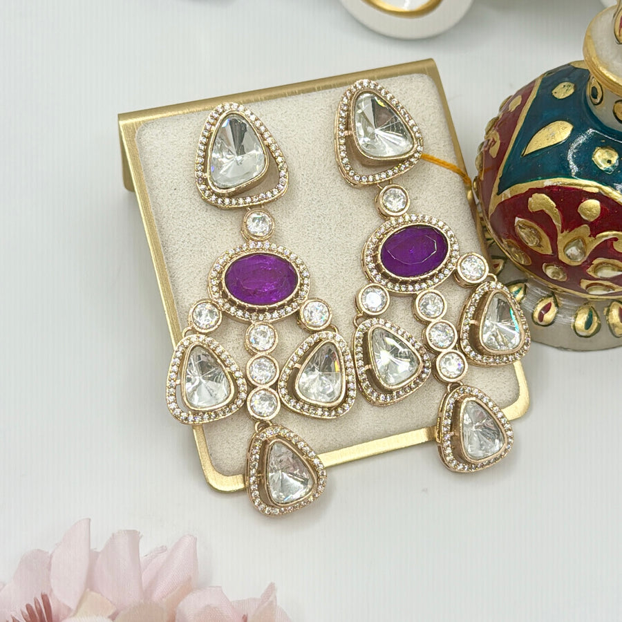 Purple Moissanite Kundan Statement Earrings