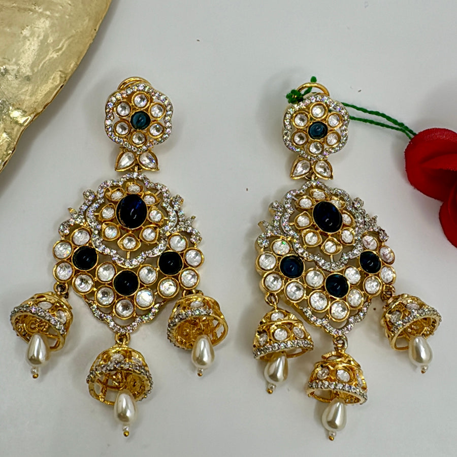 Blue Kundan Statement Earrings with Triple Jhumka