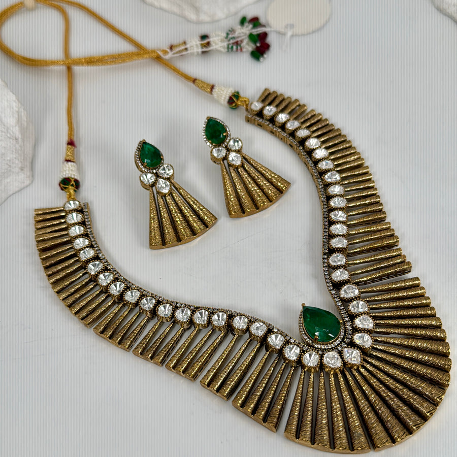 Green Doublet Moissanite Antique Gold Chic Necklace Set