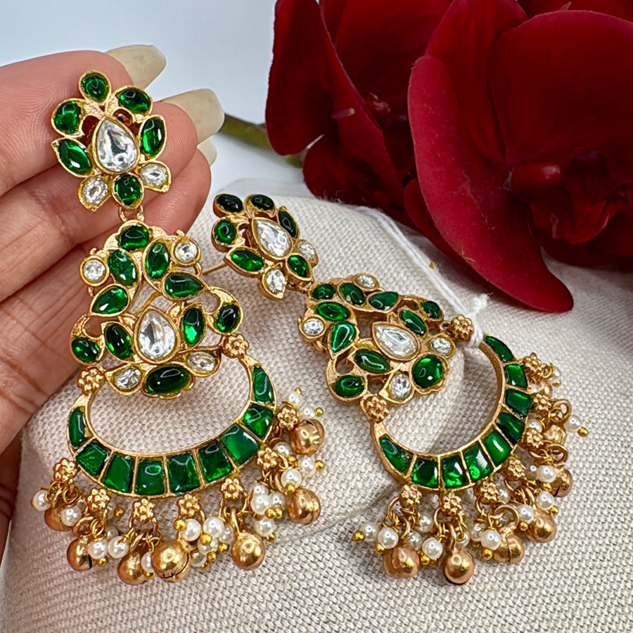 Green Jadau Moissanite Lightweight Chand Bali Earrings