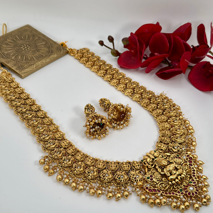 Multi Antique Gold Laxmi Temple Inspired Long Necklace Set