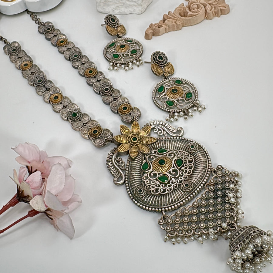 Green Dual Tone Silver Lookalike Long Necklace Set