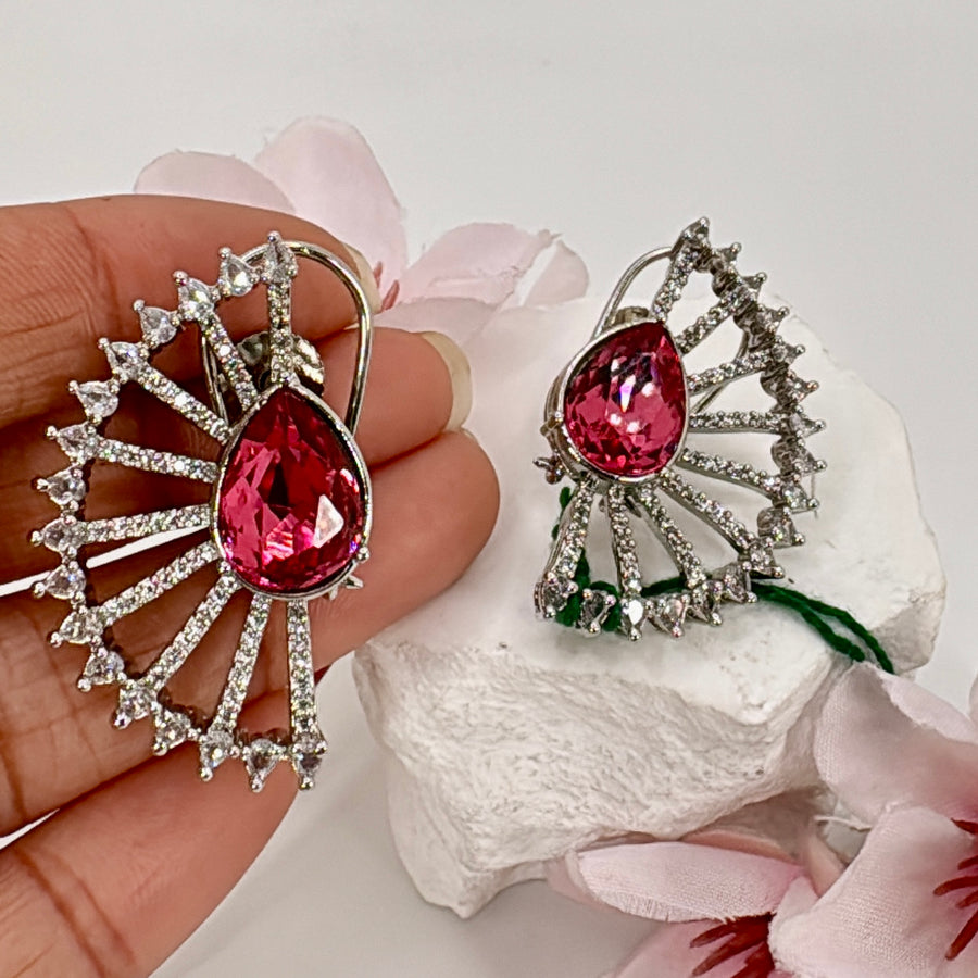 Hot Pink American Diamonds Crescent Earrings
