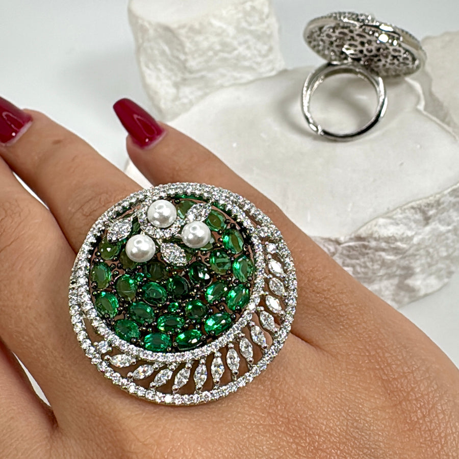 Green Pave Setting American Diamonds Cubic Zirconia Pearls Round Adjustable Finger Ring