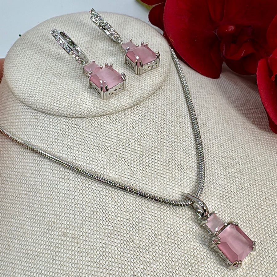 Pink Cubic Zirconia Rhodium Polish Pendant Necklace Set