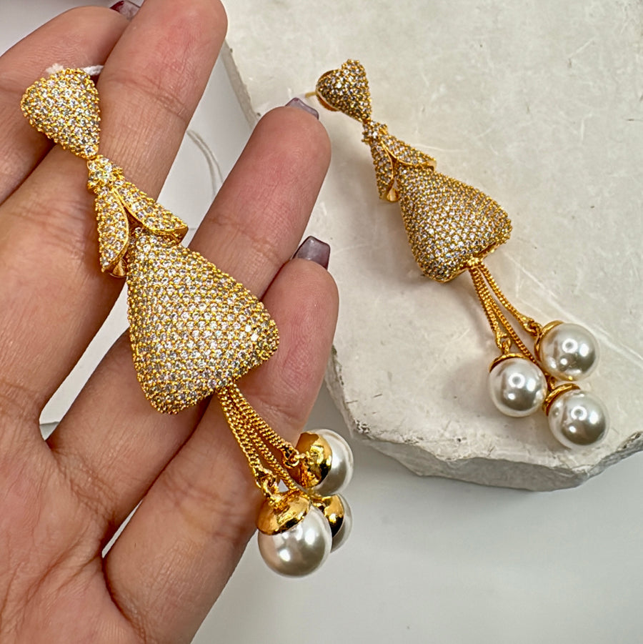 Clear Gold & Pearl Nano Setting 24 Carat Gold Plated Cubic Zirconia American Diamonds Earrings