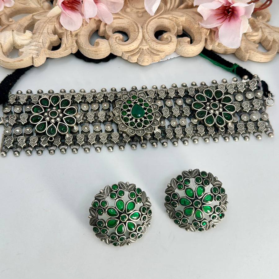 Green Silver Lookalike Chic Choker Set