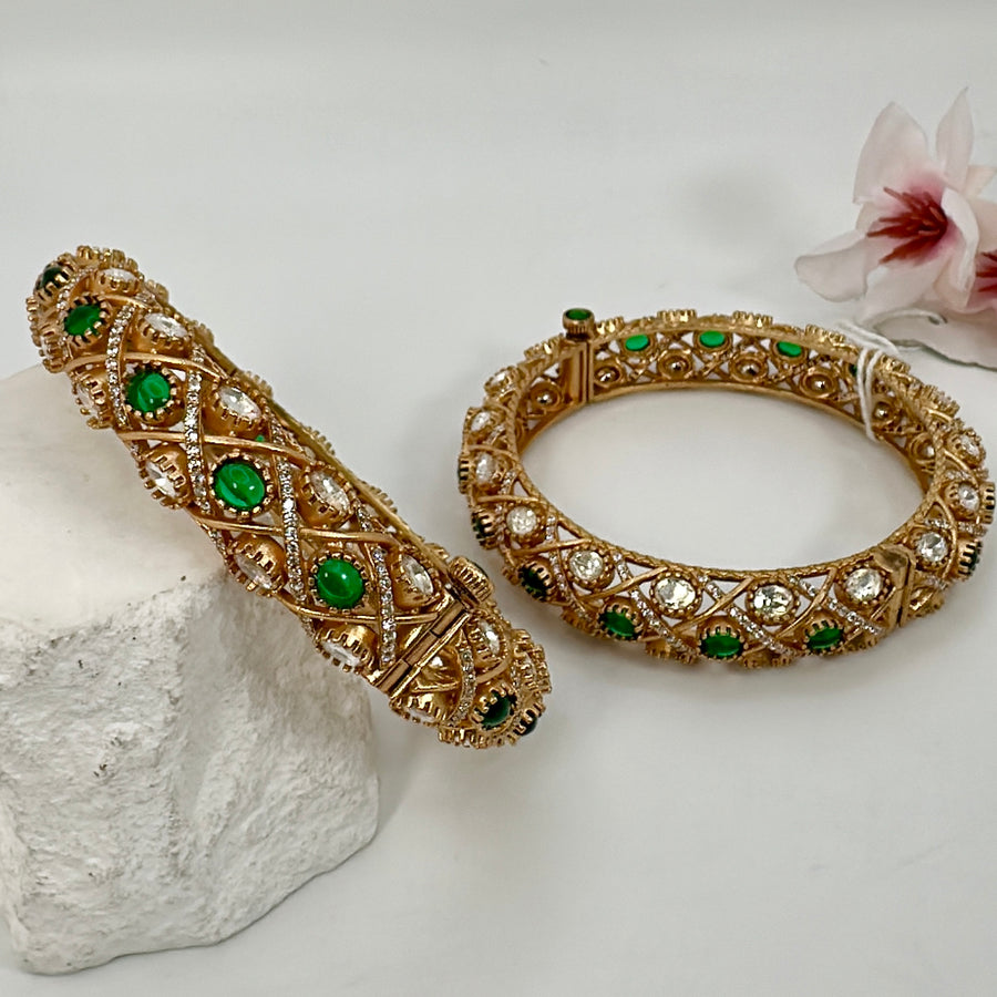 Green Moissanite Antique Gold Openable Bangle Pair(Size 2.6)