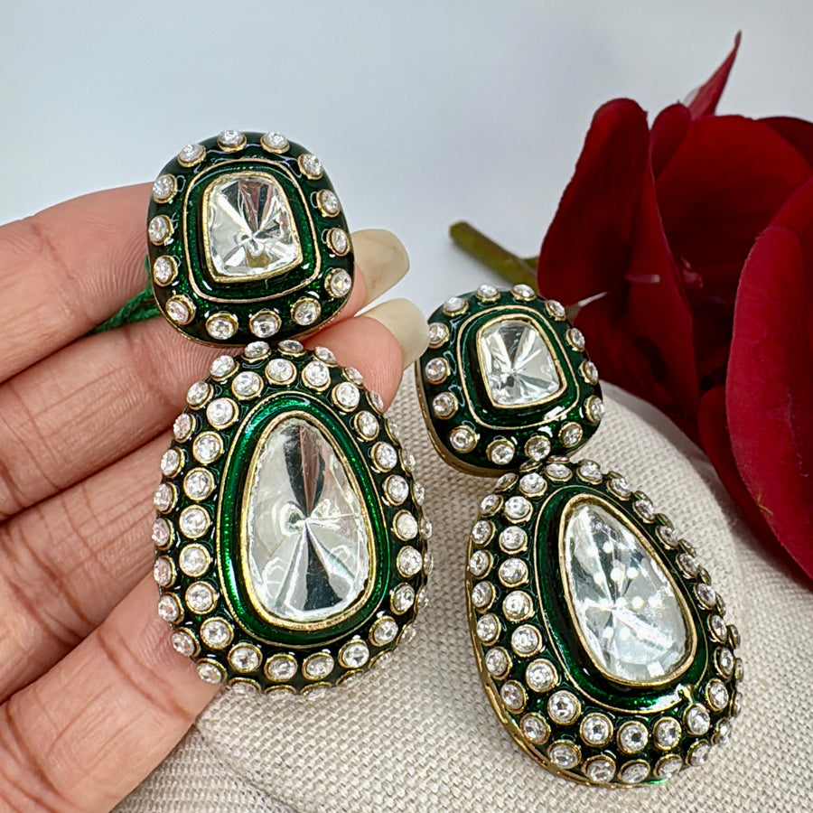 Green Meenakari Jadau Uncut Kundan Earrings