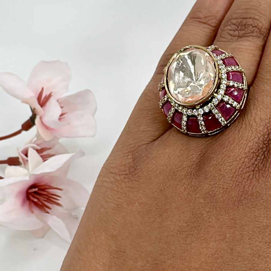 Ruby Jadau Moissanite Adjustable Finger Ring