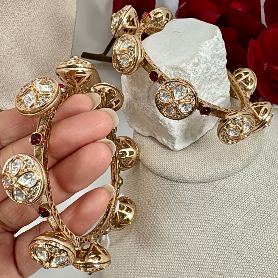 Clear Ruby Polki Kundan Pacheli Openable Bangle Pair(Size 2.6)