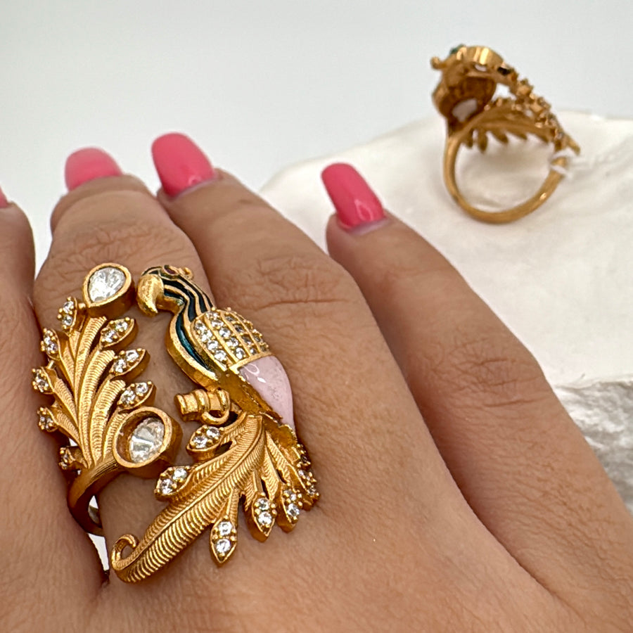 Pink Muti Meenakari Moissanite Adjustable Peacock Finger Ring