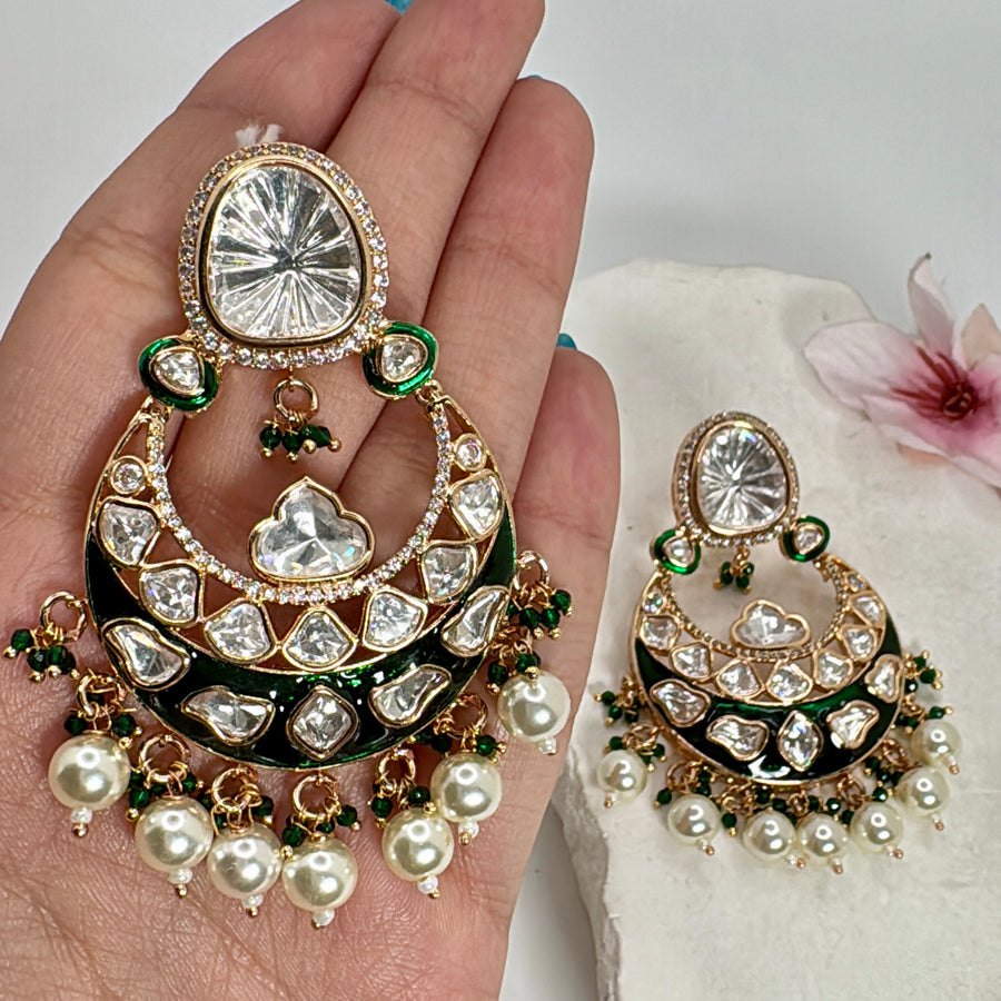Green Moissanite Kundan Jadau Chand Bali Earrings