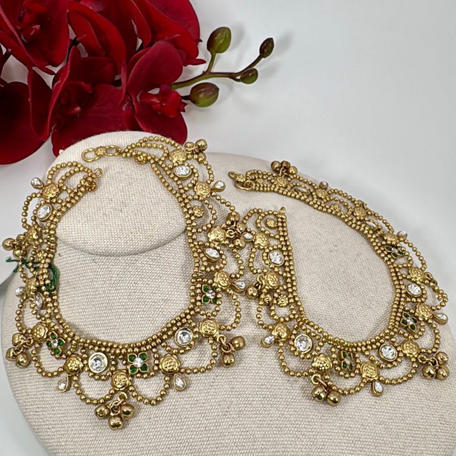 Green Kundan Gold Anklet Pair