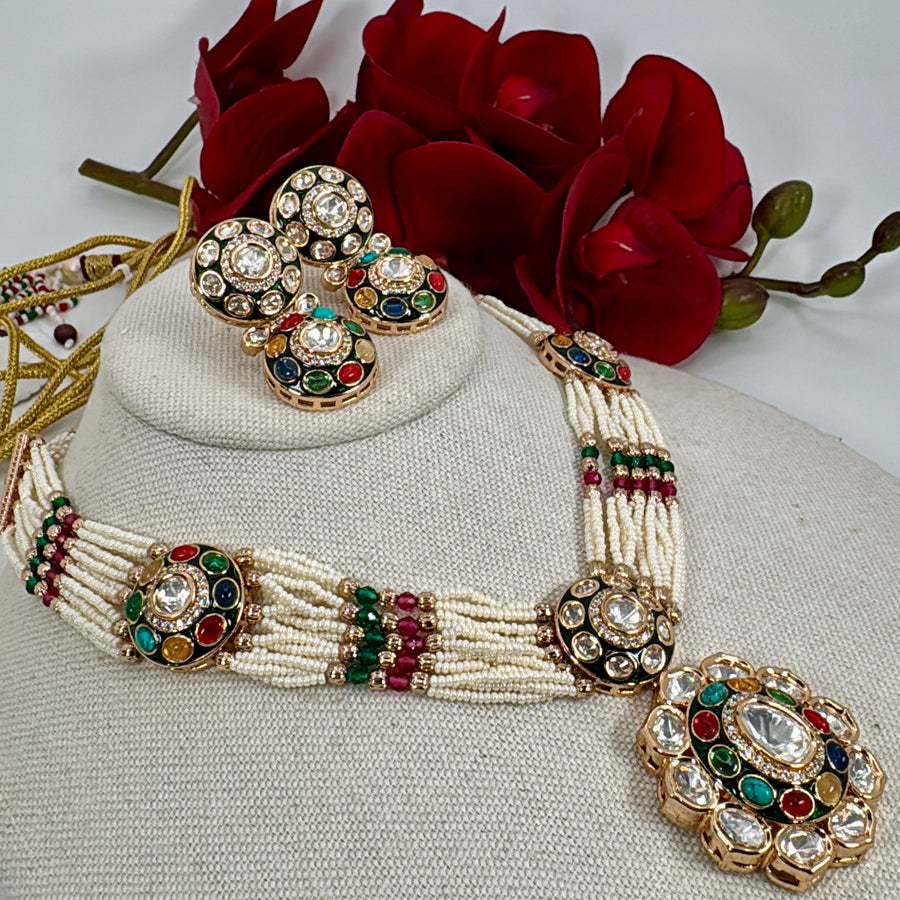 Multi Jadau Pearl Necklace Set