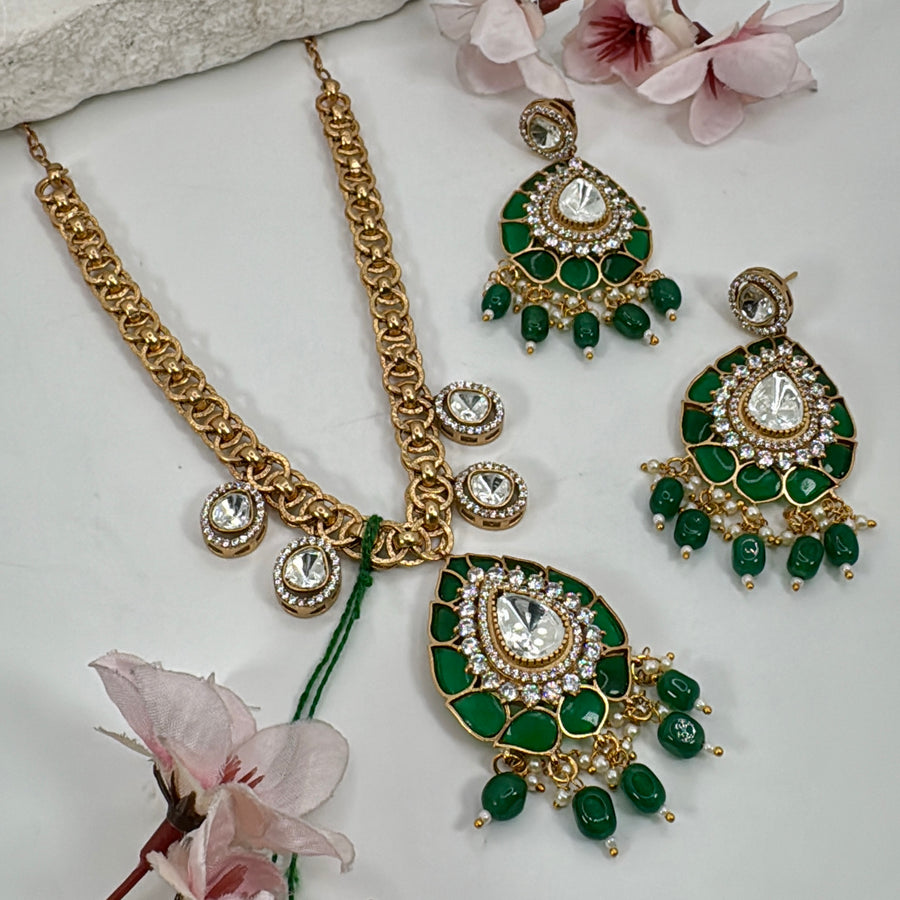 Green Jadau Moissanite Kundan Dainty Necklace Set