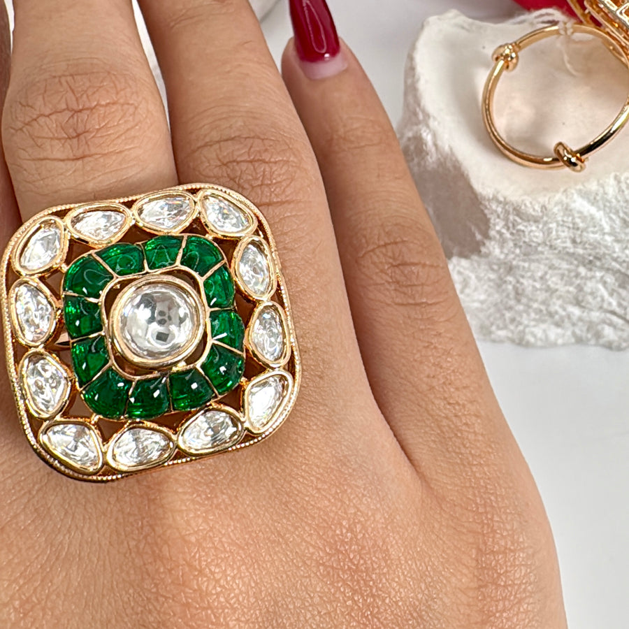 Green Jadau Polki Square Adjustable Finger Ring
