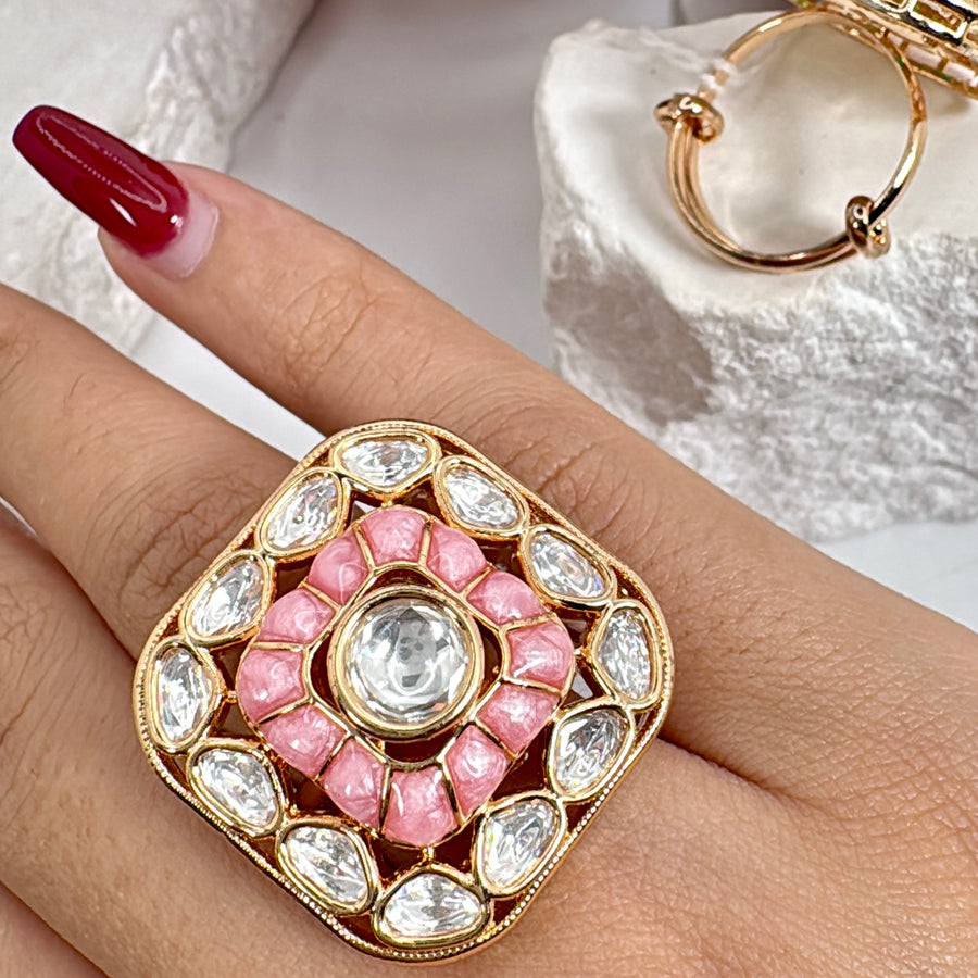 Pink Jadau Polki Square Adjustable Finger Ring