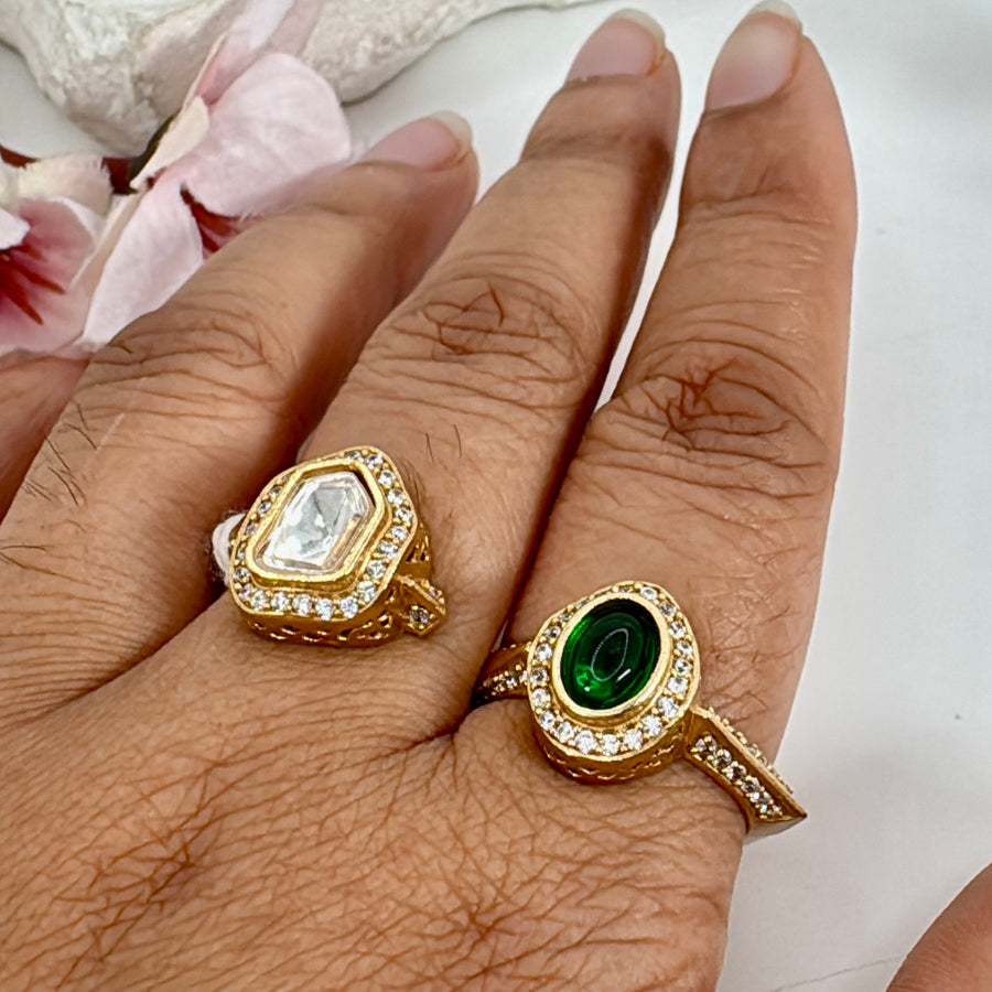 Green & Kundan Two Finger Adjustable Finger Ring