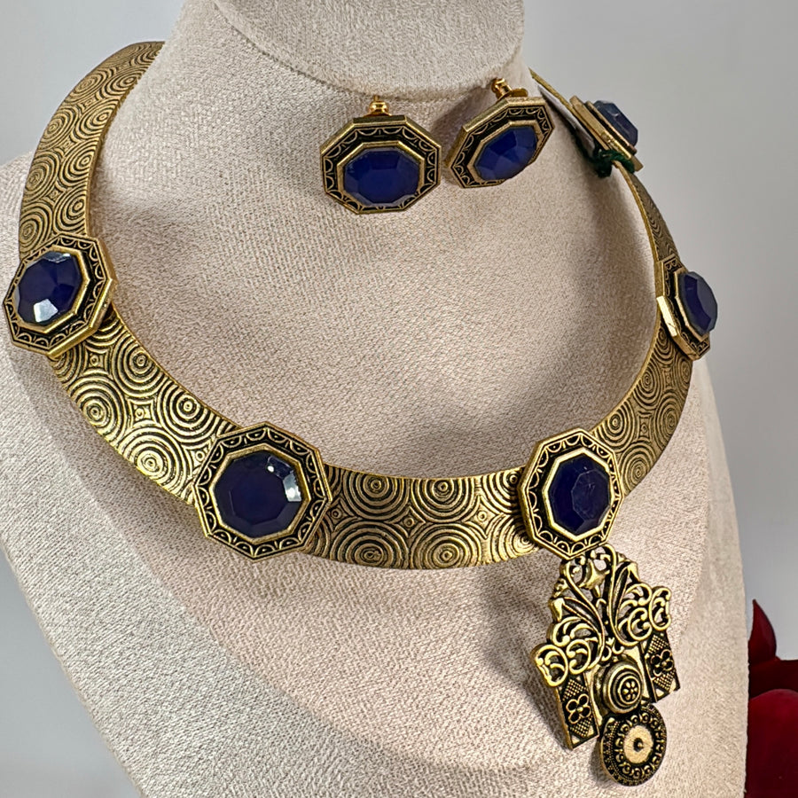Blue Vintage Silver Lookalike Gold Hasli Necklace Set