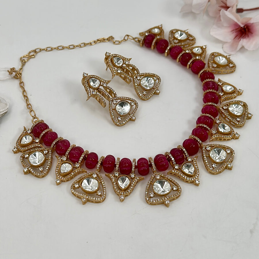 Ruby Pearls & Moissanite Kundan Dainty Necklace Set