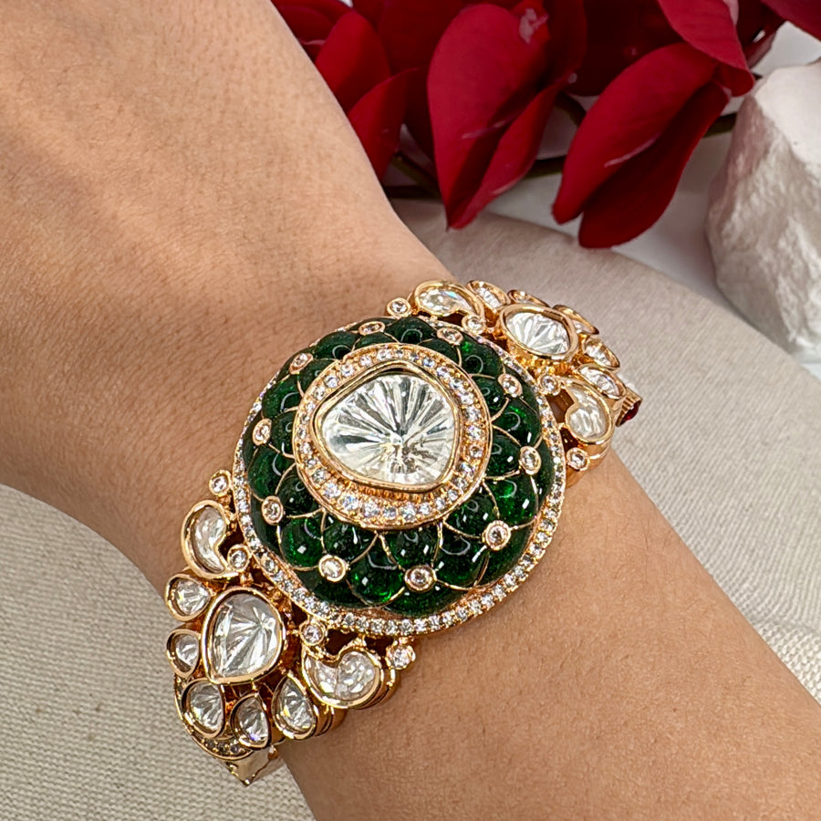 Green Jadau Moissanite Adjustable Bangle(Fits Size 2.2-2.6)