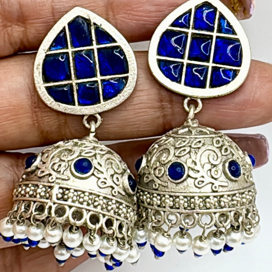 Blue Silver Lookalike Dainty Jhumka