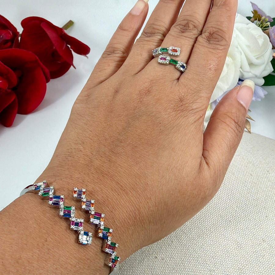 Multi Cubic Zirconia Italian Openable Bangle(Fits Size 2.2-2.6)& Adjustable Finger Ring Combo