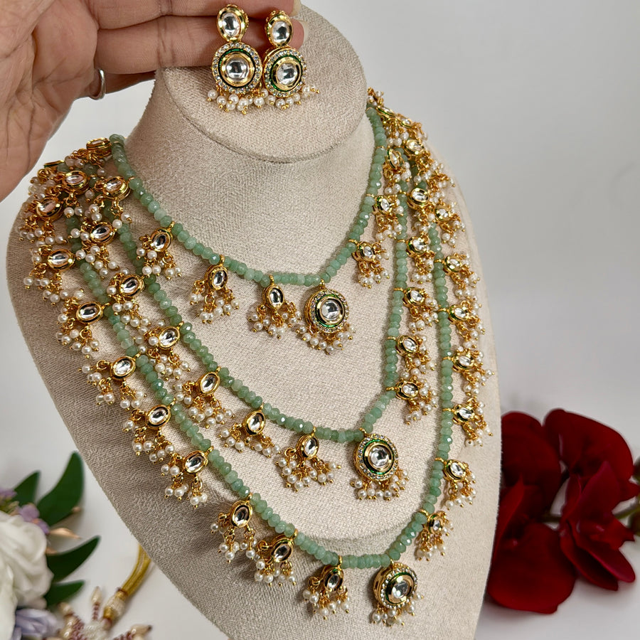 Mint Bikaneri Kundan Three Layers Necklace Set