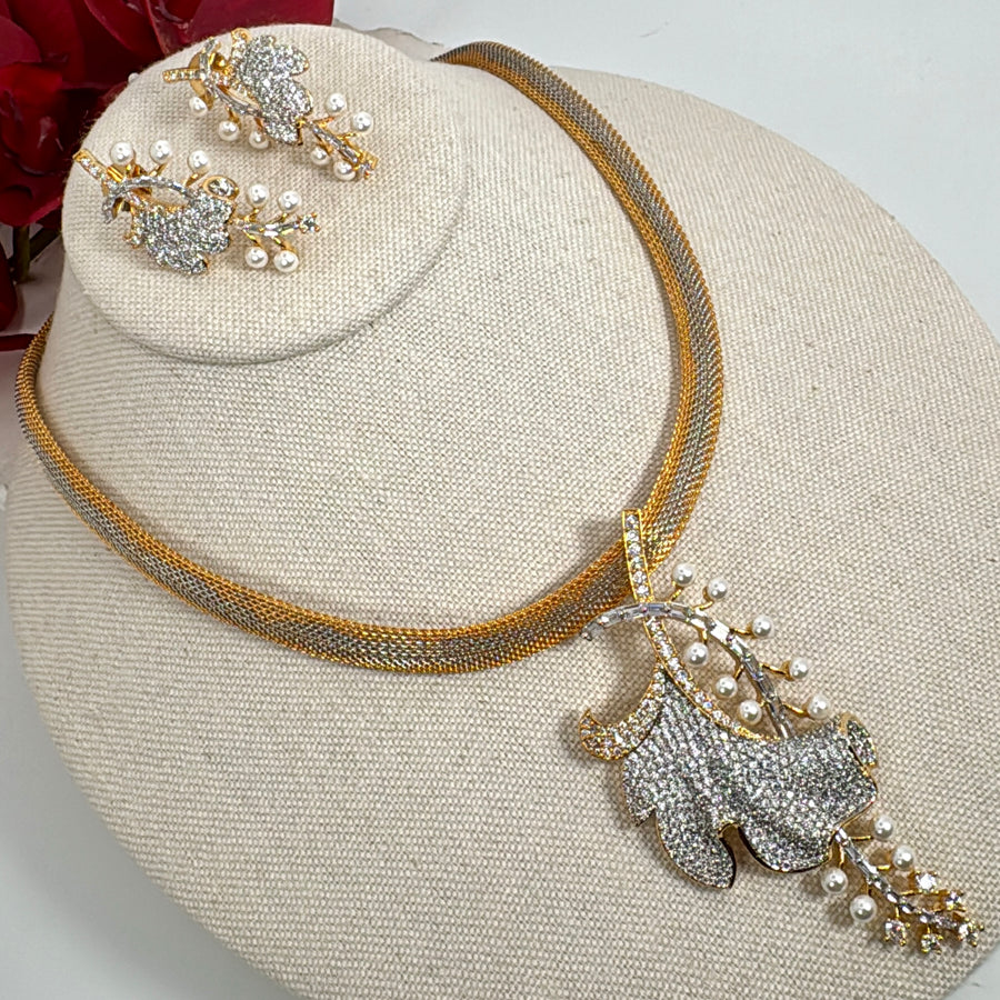 Clear Pearl Nano Setting Cubic Zirconia Pendant 24 Carat Gold Plated Pendant Necklace Set
