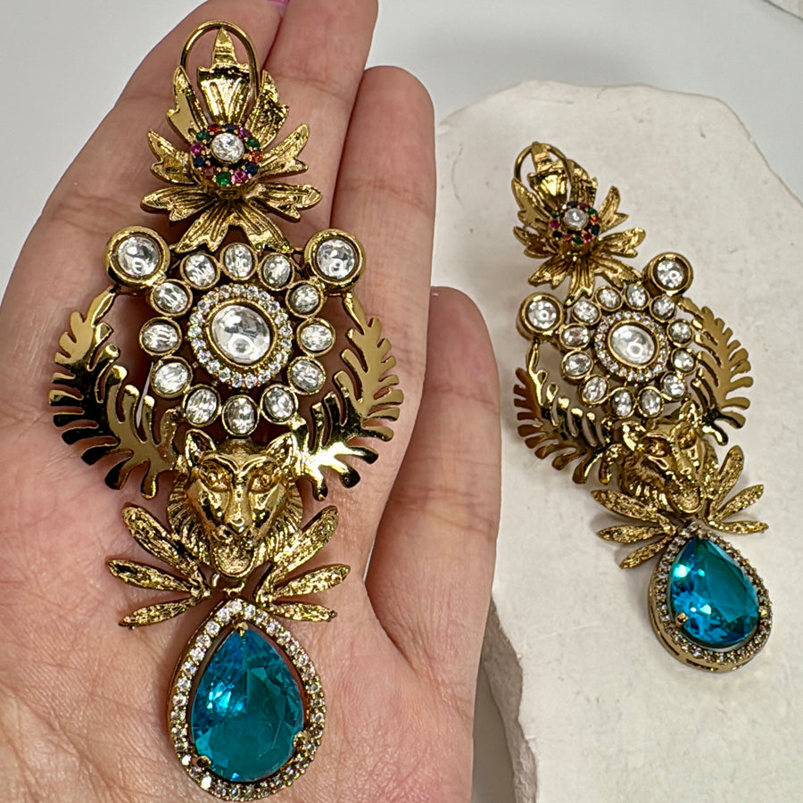 Turquoise Swarovski Crystals Antique Gold Statement Earrings