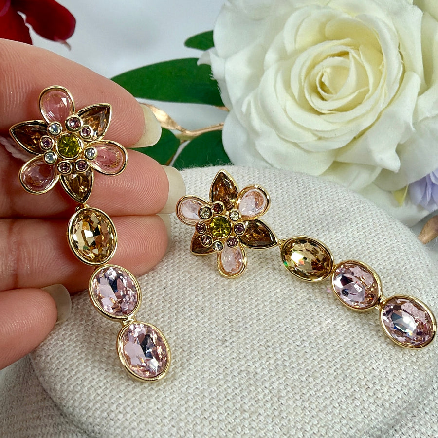 Pink Italian Swarovski Crystals Flower Earrings